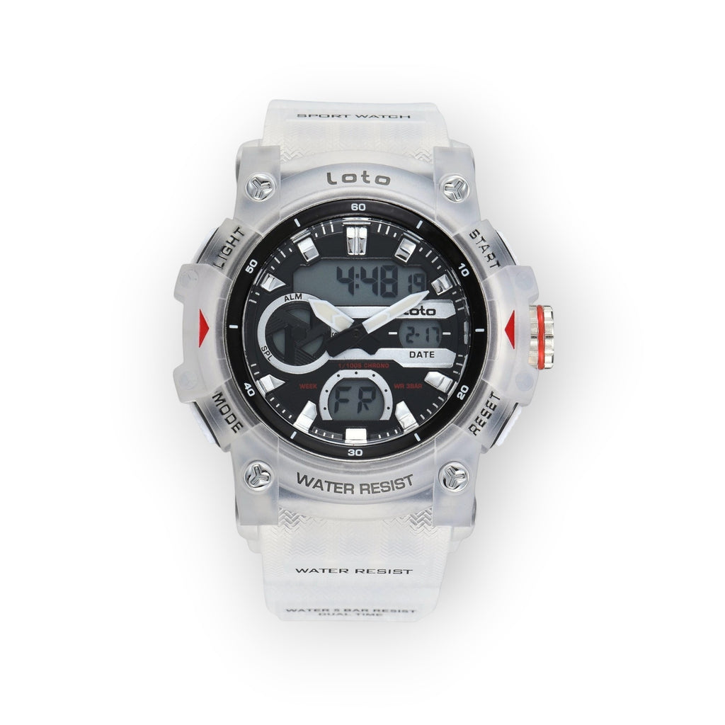 Reloj deportivo LOTO COMPANY KRONEX 2573 con caja y correa de silicona translúcida y pantalla analógica-digital