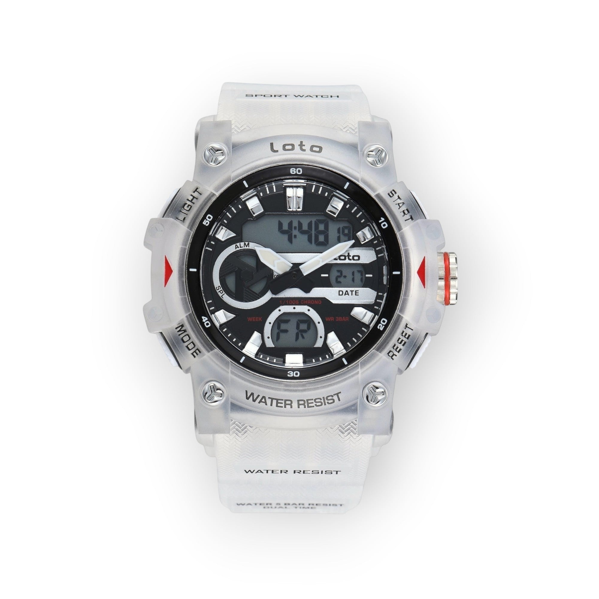 Reloj deportivo LOTO COMPANY KRONEX 2573 con caja y correa de silicona translúcida y pantalla analógica-digital