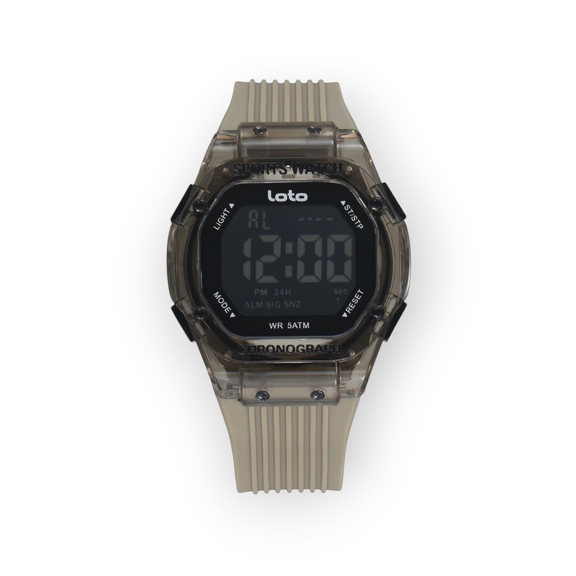 Reloj deportivo LOTO COMPANY IRONIX / 2551 transparente con correa de silicona beige y pantalla digital. Resistente al agua 5 ATM.