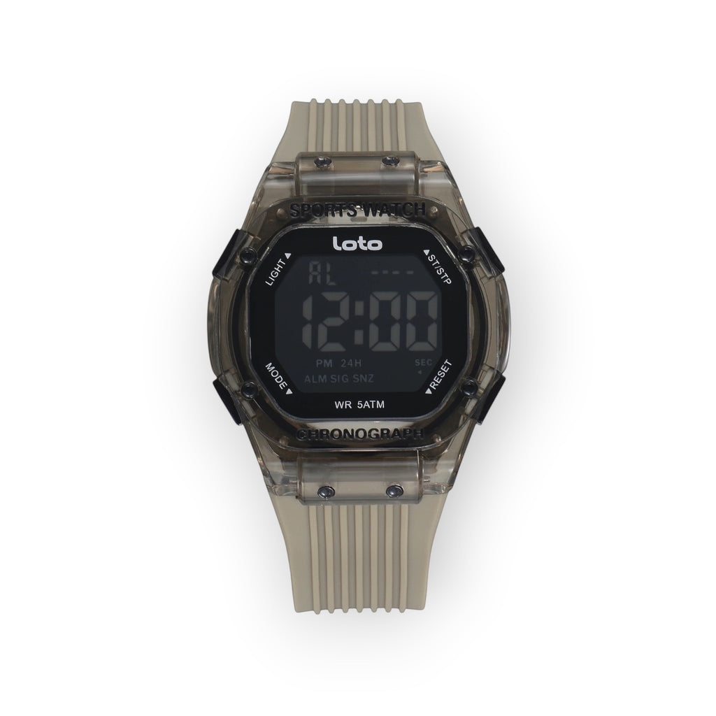 Reloj deportivo LOTO COMPANY IRONIX / 2551 transparente con correa de silicona beige y pantalla digital. Resistente al agua 5 ATM.