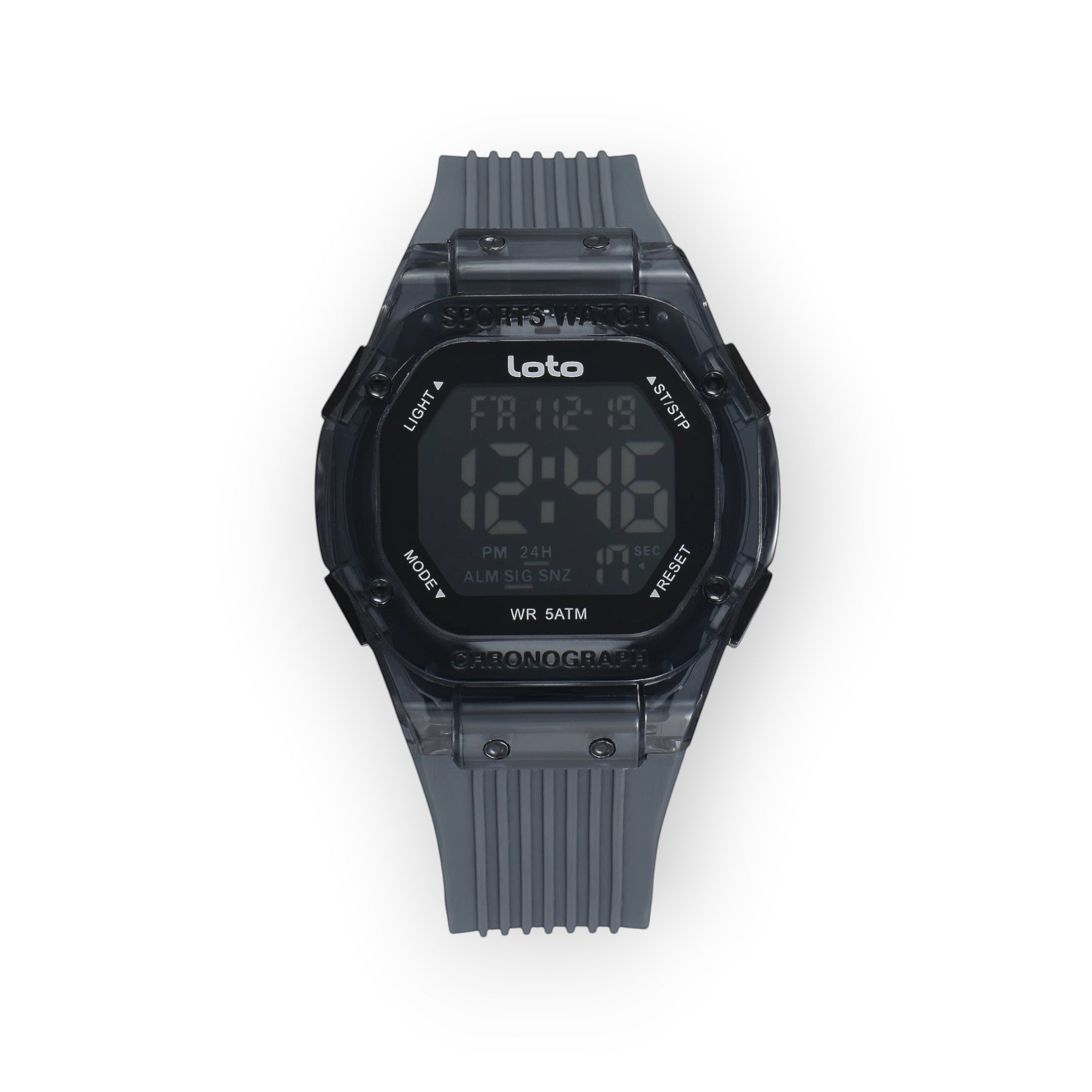 Reloj deportivo LOTO COMPANY IRONIX / 2551 digital transparente con correa de silicona gris y pantalla cuadrada. Resistente al agua 5 ATM.