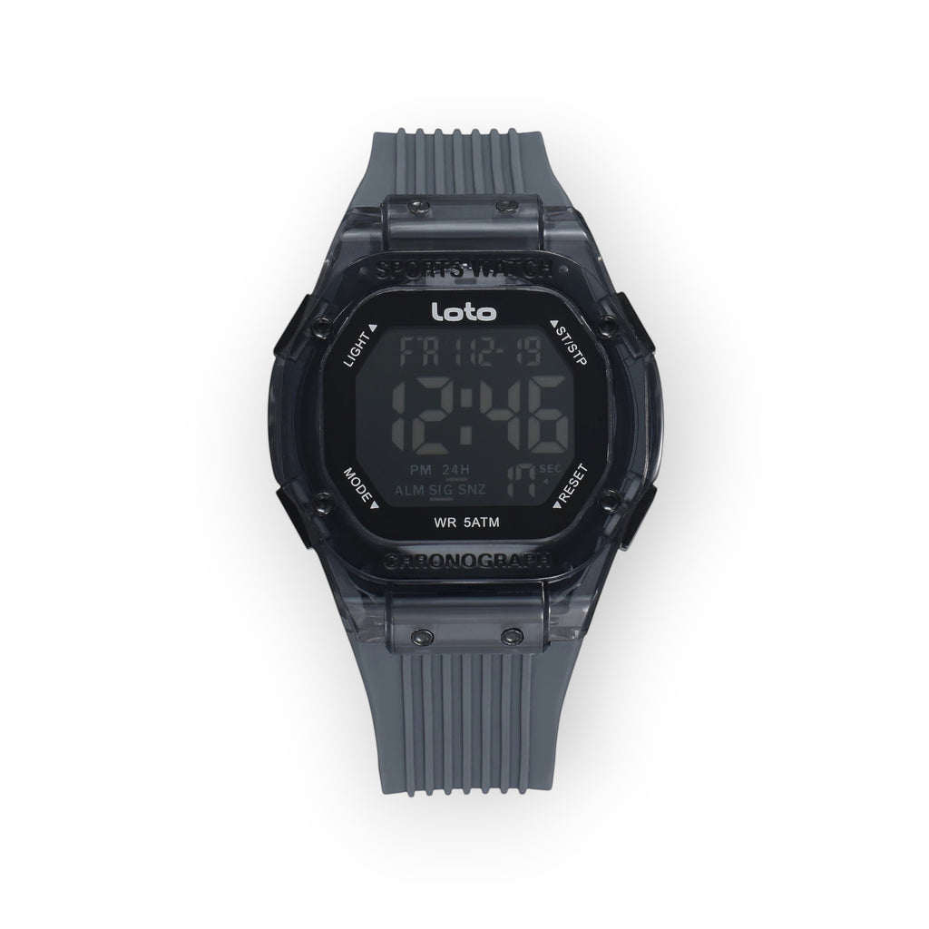 Reloj deportivo LOTO COMPANY IRONIX / 2551 digital transparente con correa de silicona gris y pantalla cuadrada. Resistente al agua 5 ATM.
