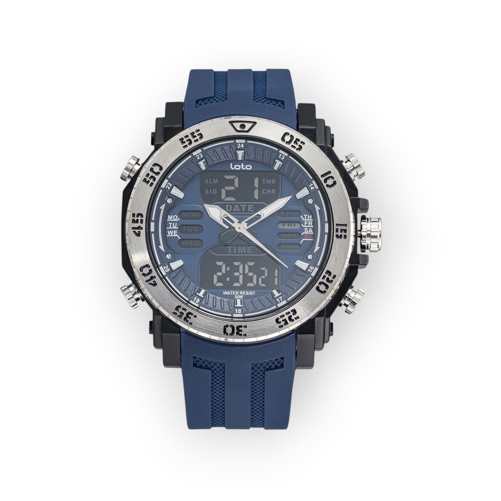 Reloj deportivo LOTO COMPANY TRIKE 2521 azul con pantalla híbrida analógica-digital y correa de silicona resistente.