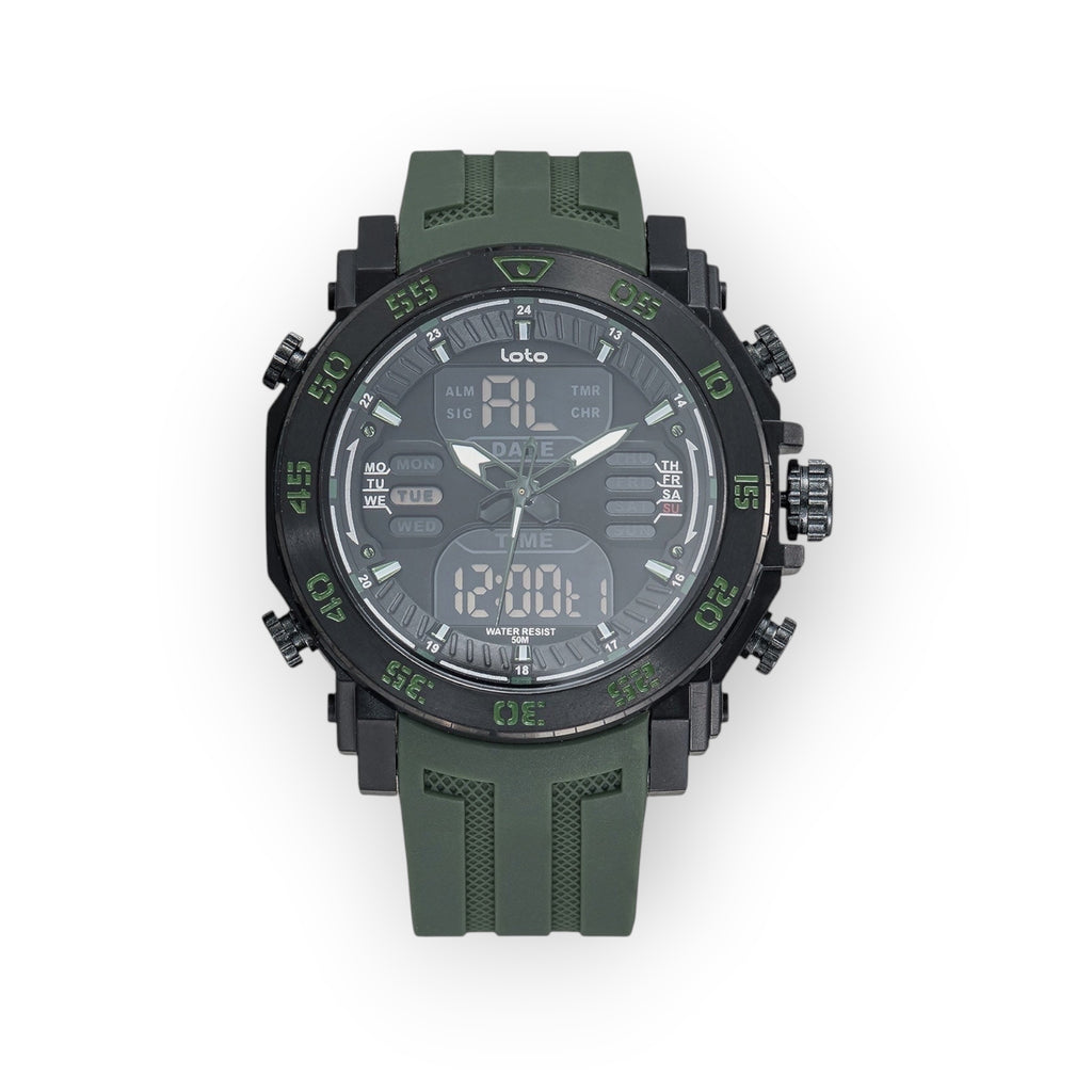 Reloj deportivo LOTO COMPANY TRIKE 2521 verde oliva con pantalla híbrida analógica-digital y correa de silicona.