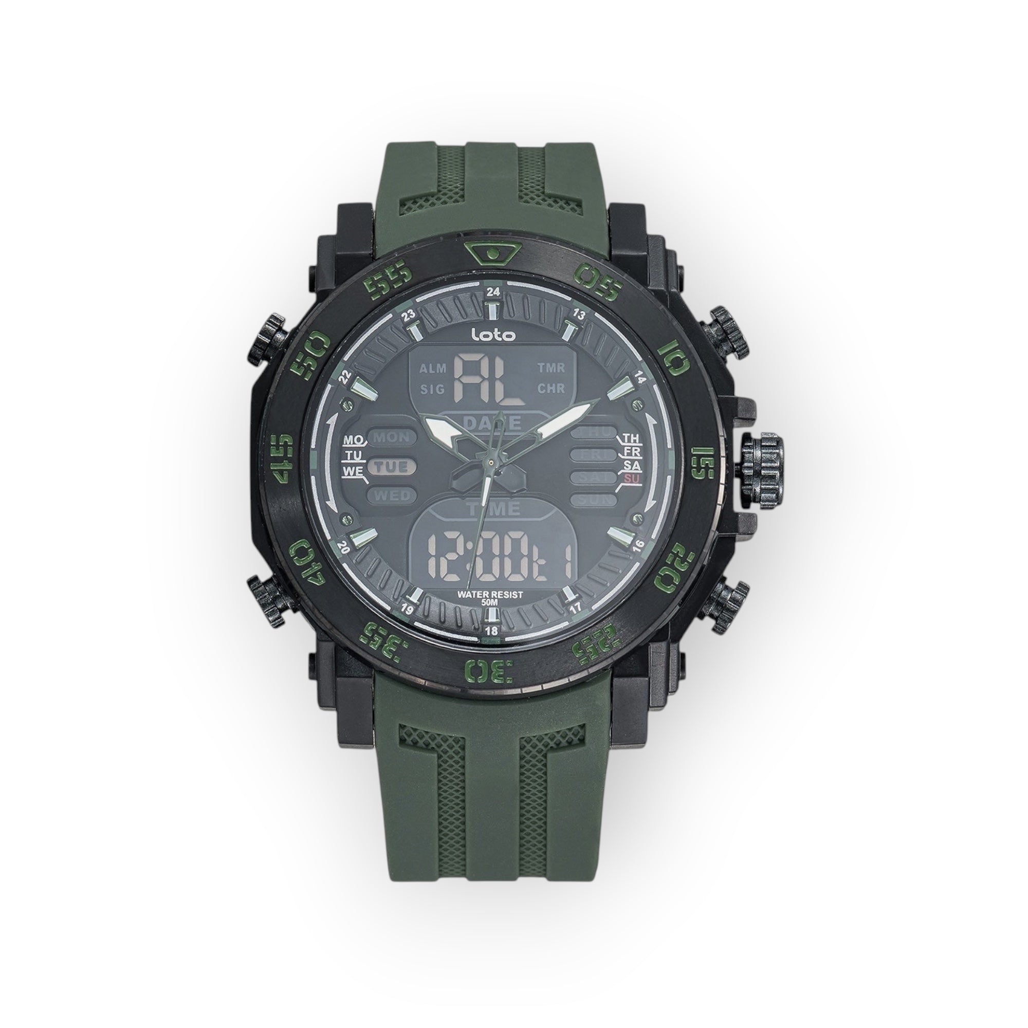 Reloj deportivo LOTO COMPANY TRIKE 2521 verde oliva con pantalla híbrida analógica-digital y correa de silicona.