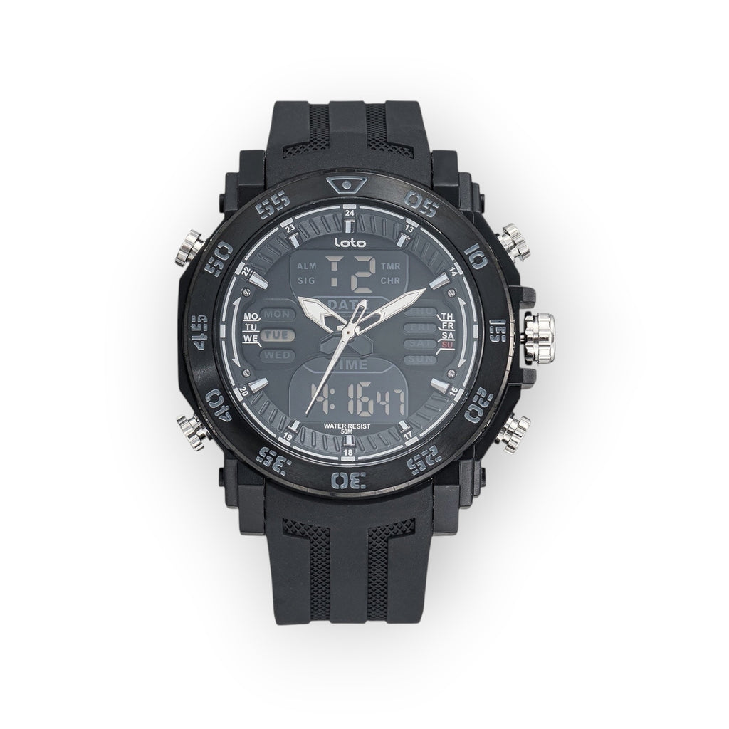 Reloj deportivo LOTO COMPANY TRIKE 2521 negro con pantalla dual analógica-digital y correa de silicona resistente.