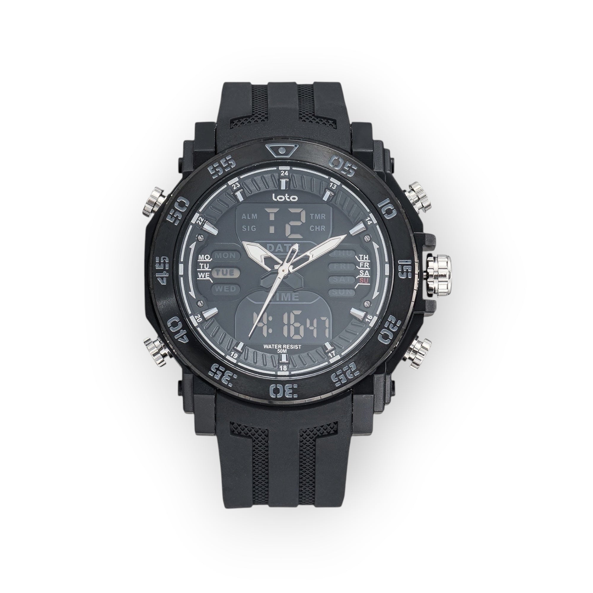 Reloj deportivo LOTO COMPANY TRIKE 2521 negro con pantalla dual analógica-digital y correa de silicona resistente.