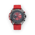 Reloj cronógrafo deportivo LOTO COMPANY TRUNDERS 2538 con correa de silicona roja y esfera multifunción negra y roja.