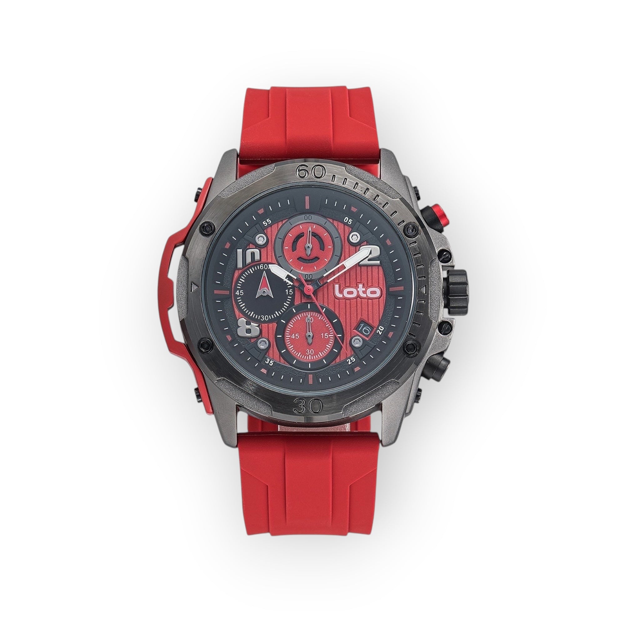 Reloj cronógrafo deportivo LOTO COMPANY TRUNDERS 2538 con correa de silicona roja y esfera multifunción negra y roja.