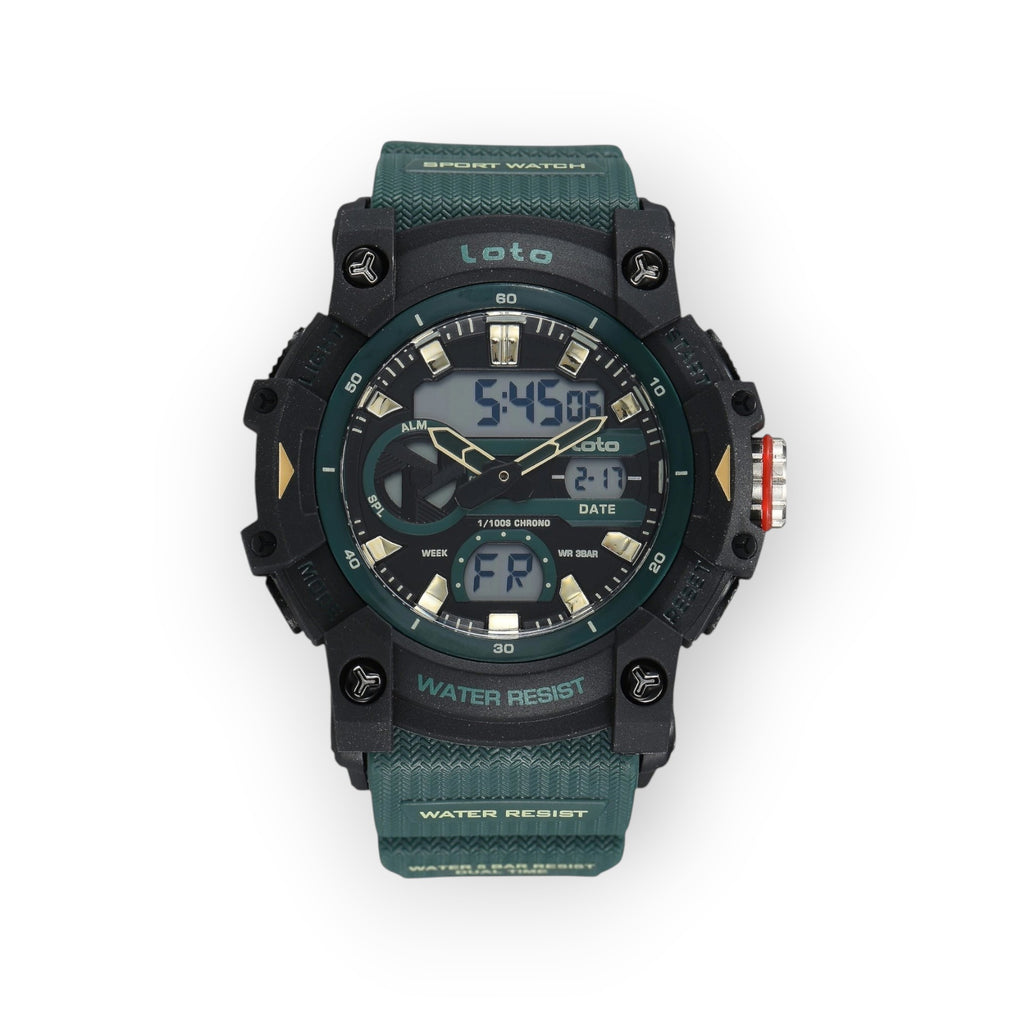 Reloj deportivo LOTO COMPANY KRONEX 2573 con pantalla híbrida analógica-digital, correa verde y caja negra resistente