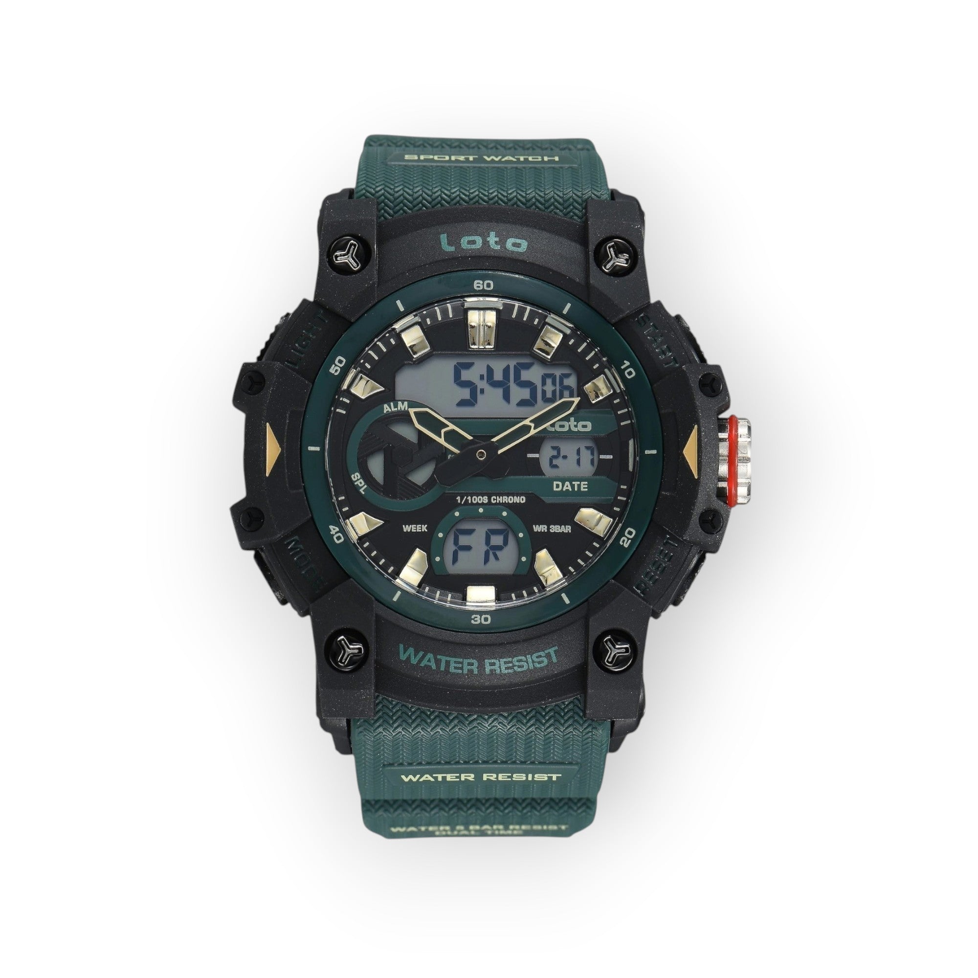 Reloj deportivo LOTO COMPANY KRONEX 2573 con pantalla híbrida analógica-digital, correa verde y caja negra resistente