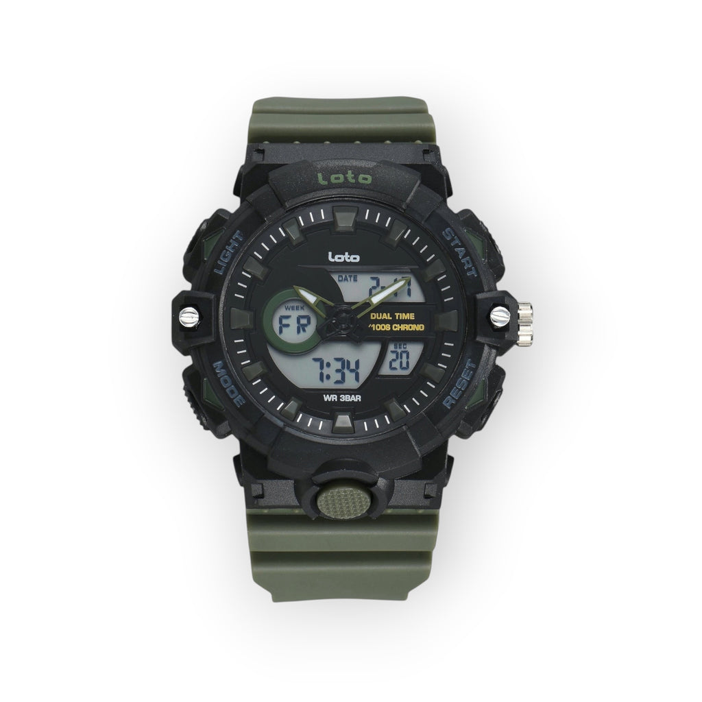 Reloj deportivo LOTO COMPANY KRONAR 2572 con pantalla dual analógica-digital, caja negra y correa de silicona verde oliva.