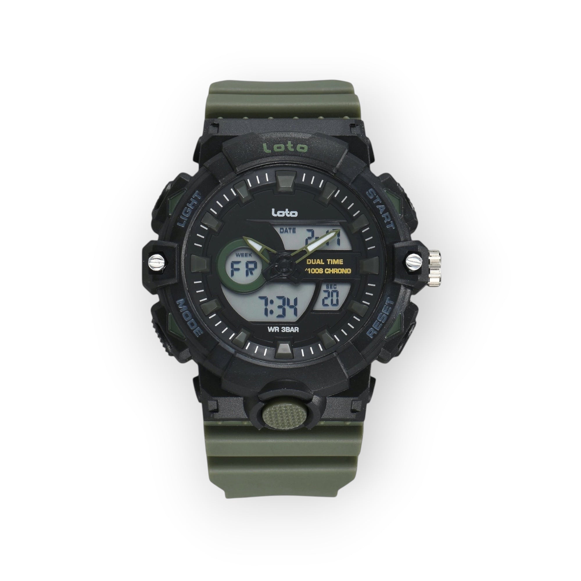 Reloj deportivo LOTO COMPANY KRONAR 2572 con pantalla dual analógica-digital, caja negra y correa de silicona verde oliva.