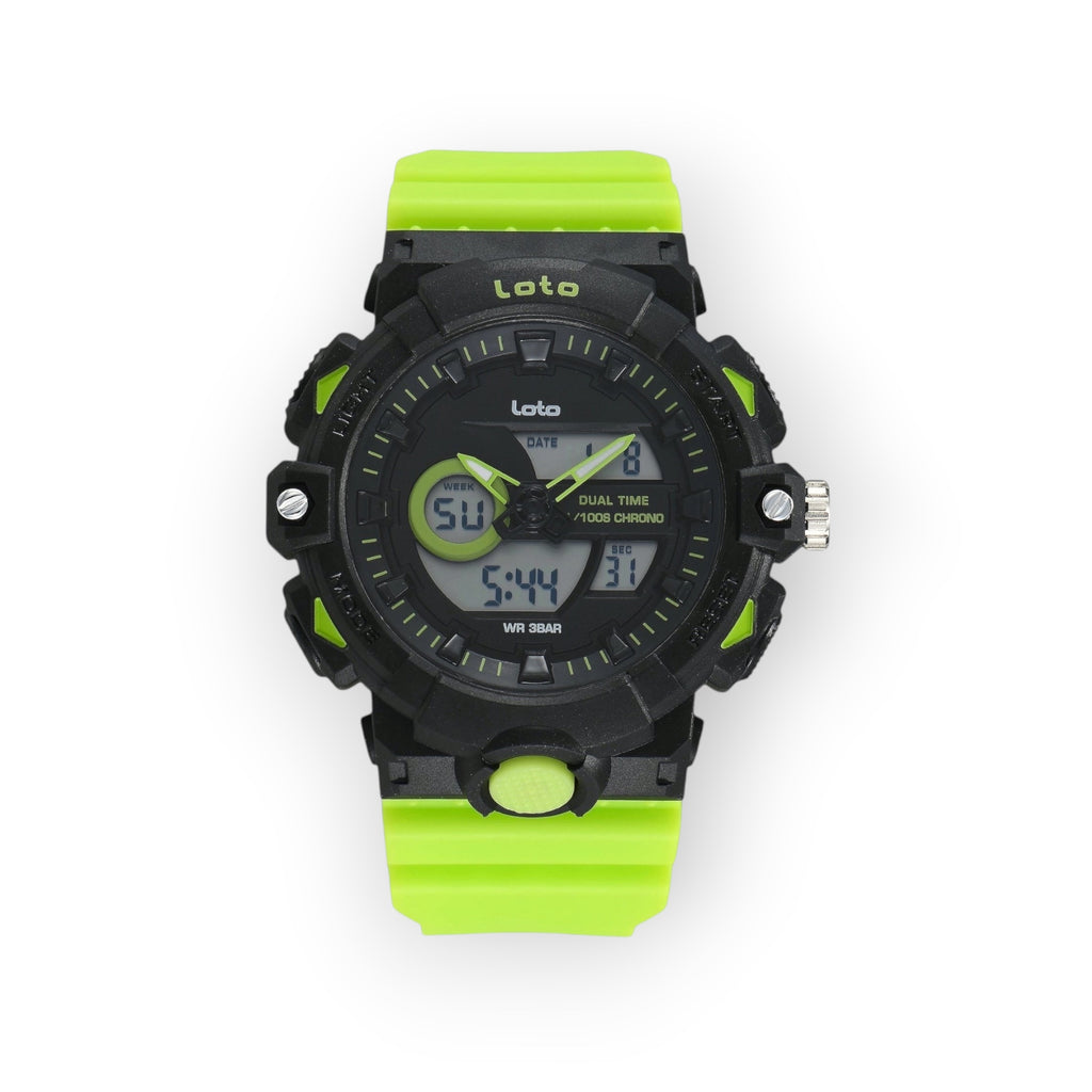 Reloj deportivo LOTO COMPANY KRONAR con pantalla dual analógica-digital, caja negra y correa de silicona verde neón.
