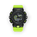 Reloj deportivo LOTO COMPANY KRONAR con pantalla dual analógica-digital, caja negra y correa de silicona verde neón.