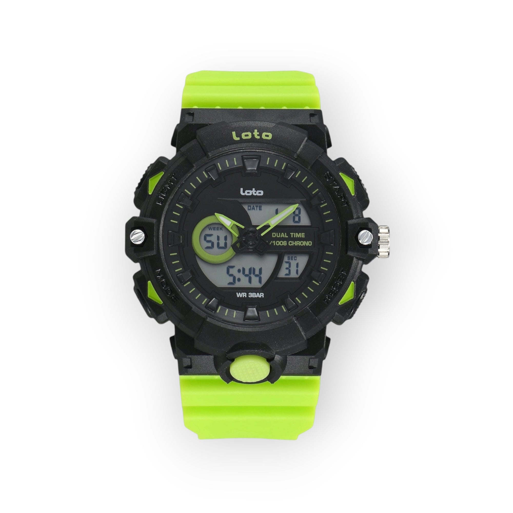 Reloj deportivo LOTO COMPANY KRONAR con pantalla dual analógica-digital, caja negra y correa de silicona verde neón.