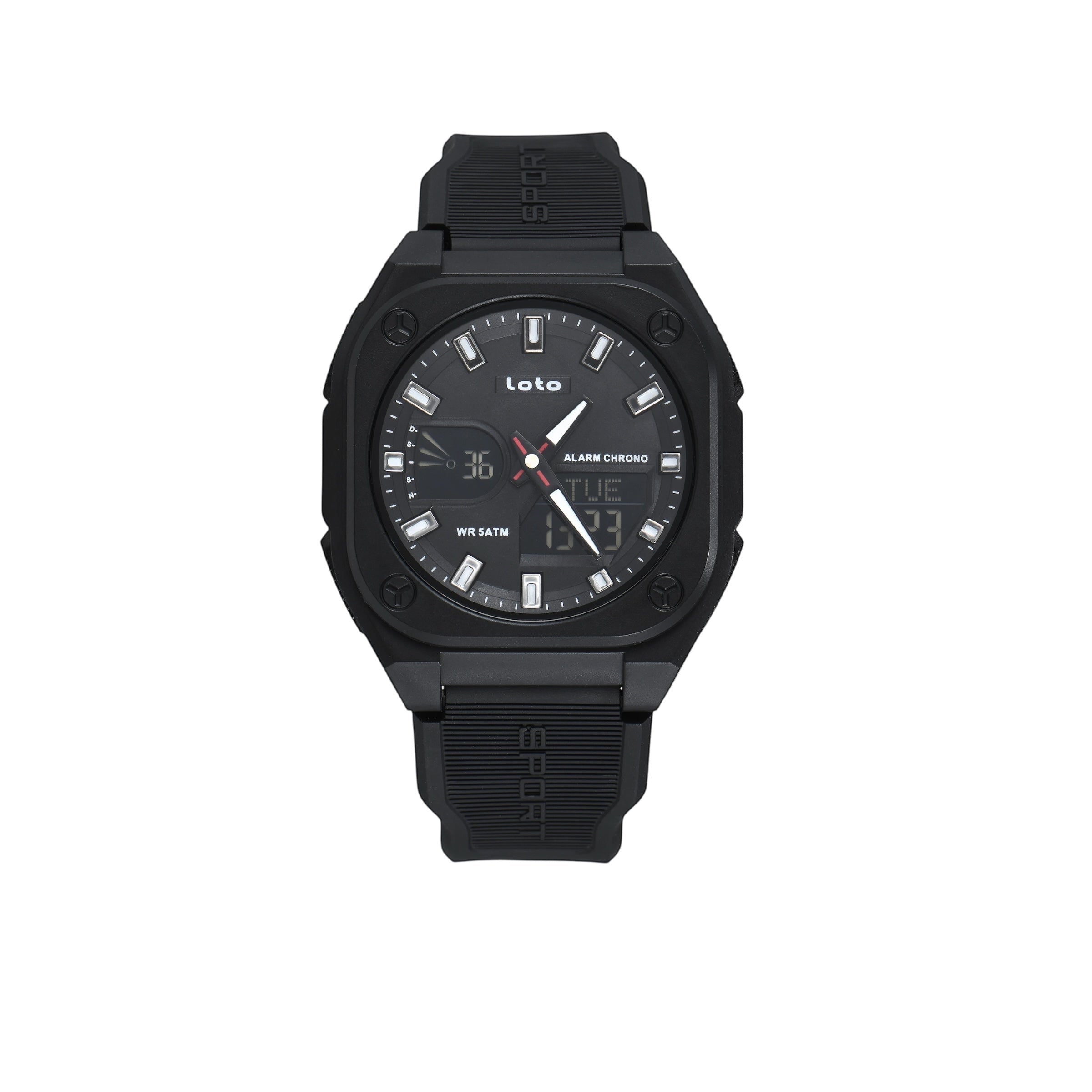 Reloj deportivo LOTO COMPANY VERTEX / 2593 negro, analógico-digital con correa de silicona y resistencia al agua 5ATM.