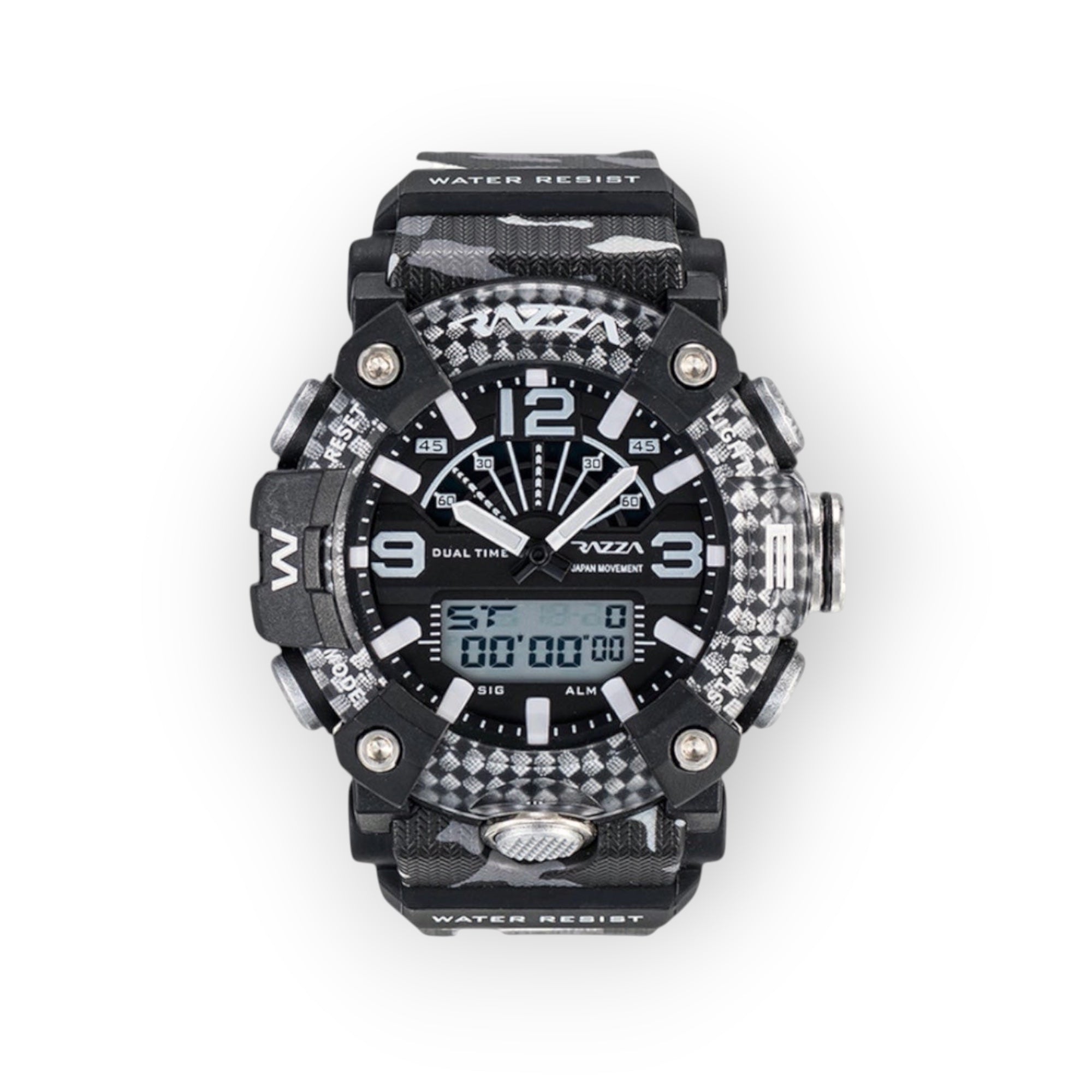 Reloj deportivo LOTO COMPANY X-TREME 31081 con esfera híbrida, correa de camuflaje y detalles de fibra de carbono.