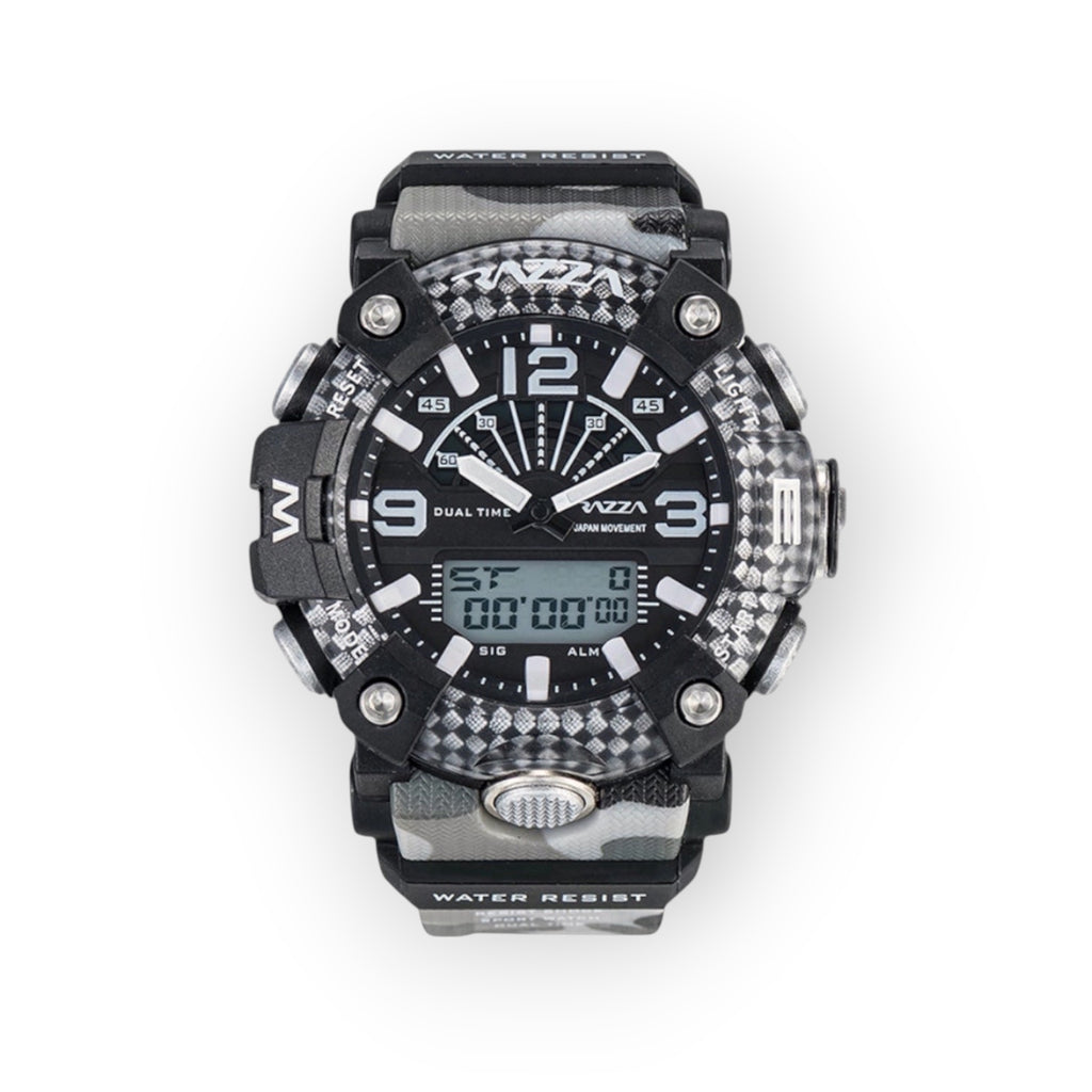 Reloj deportivo LOTO COMPANY X-TREME 31081 con pantalla híbrida, correa de camuflaje y detalles de fibra de carbono.