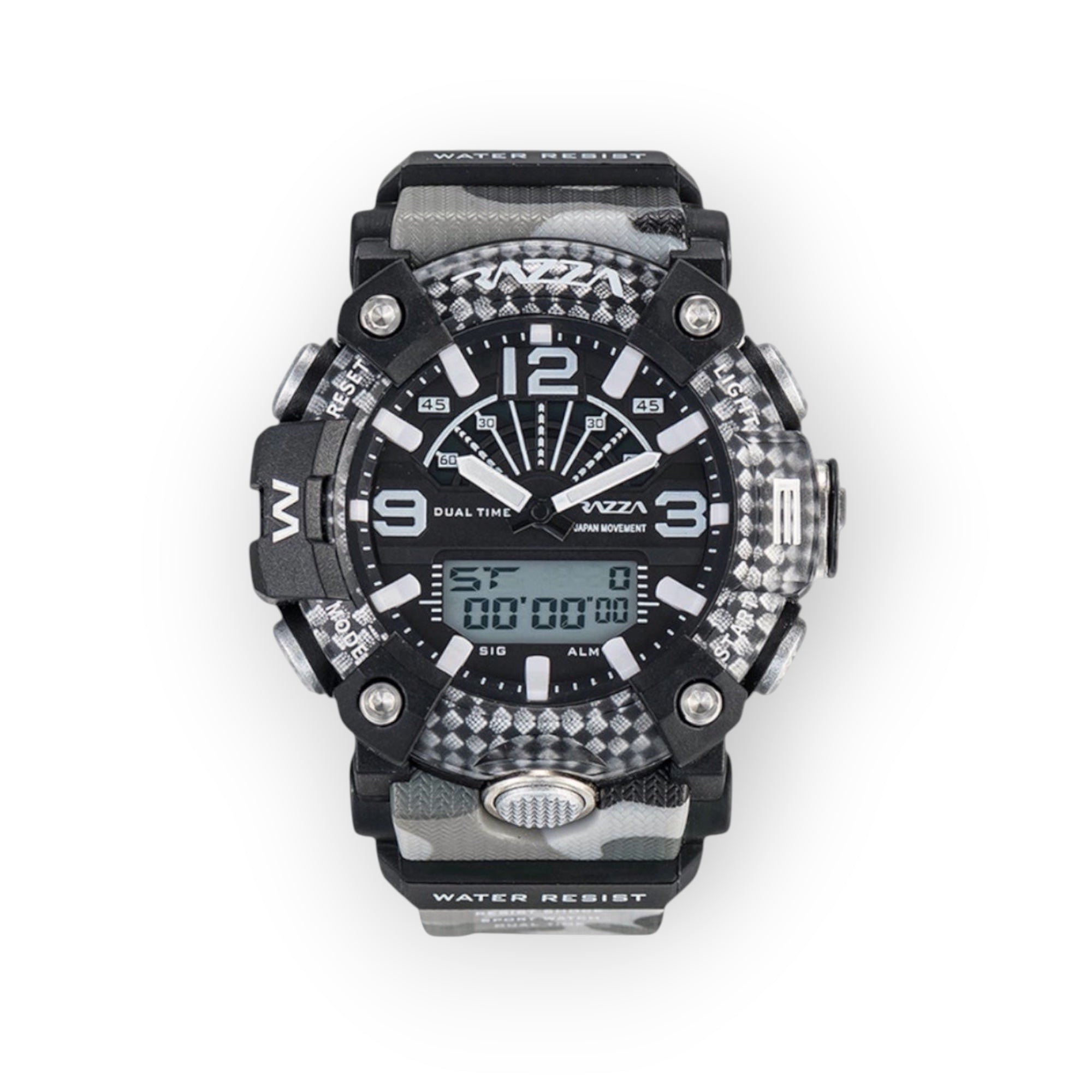Reloj deportivo LOTO COMPANY X-TREME 31081 con pantalla híbrida, correa de camuflaje y detalles de fibra de carbono.