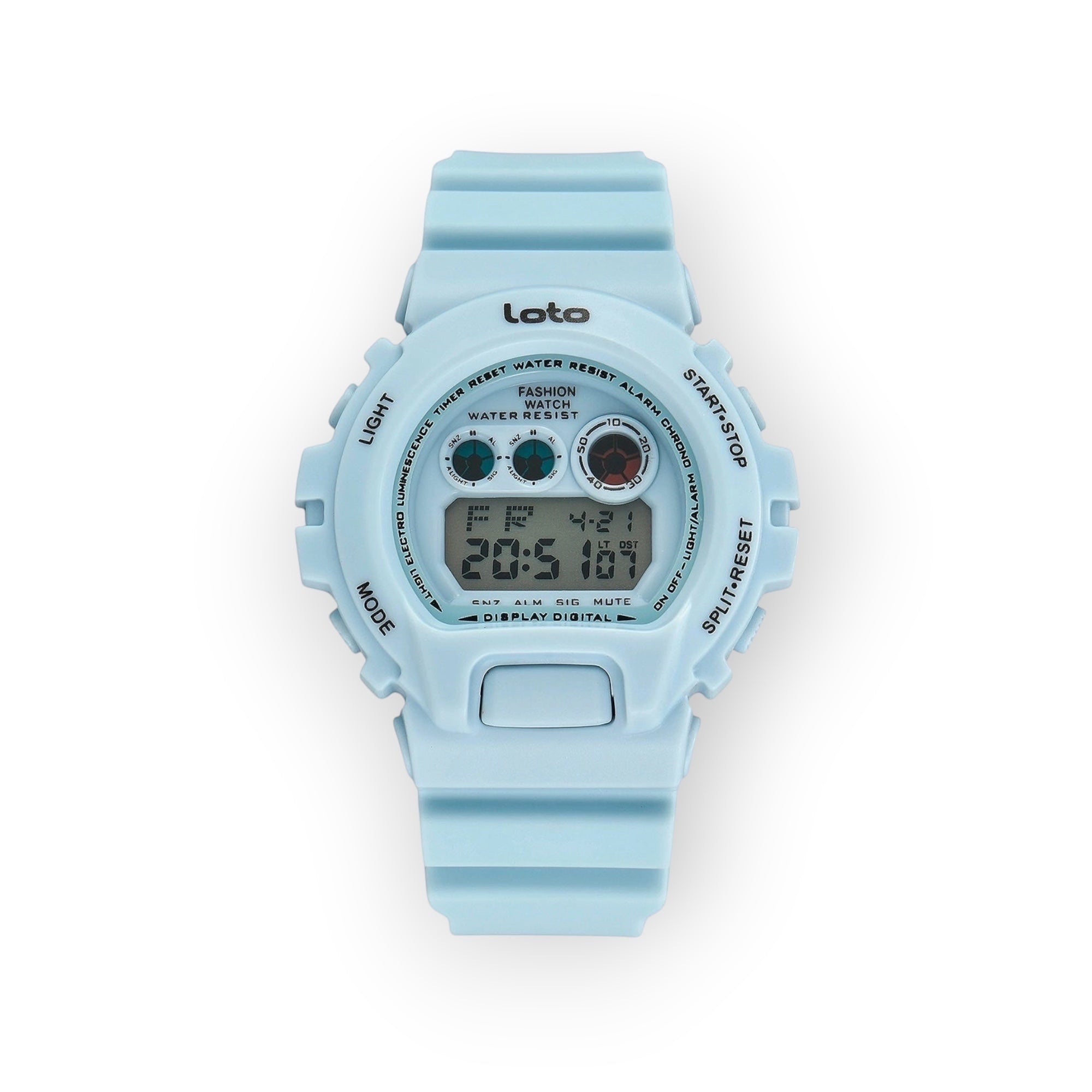 Reloj digital LOTO COMPANY de resina azul claro con pantalla digital y correa a juego. Funciones de hora, fecha y alarma.