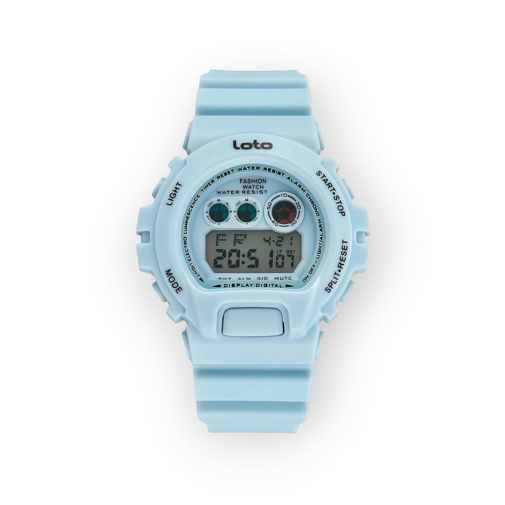 Reloj digital LOTO COMPANY de resina azul claro con pantalla digital y correa a juego. Funciones de hora, fecha y alarma.