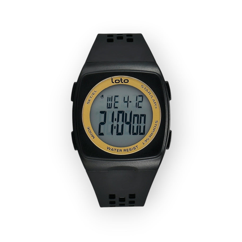 Reloj digital LOTO COMPANY BLACKOUT / 2531-1 negro con correa de silicona y detalles dorados. Pantalla digital con hora y fecha.