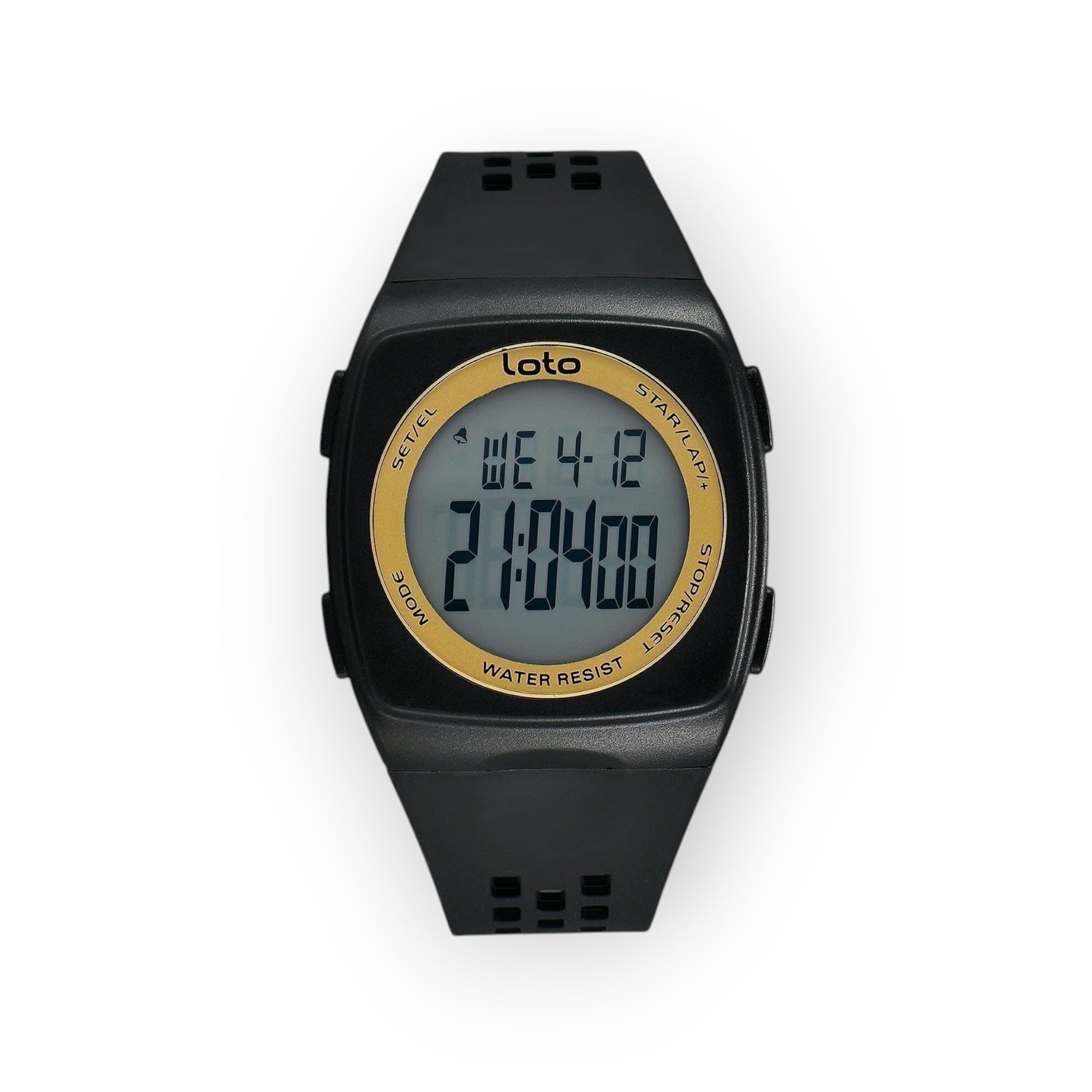 Reloj digital LOTO COMPANY BLACKOUT / 2531-1 negro con correa de silicona y detalles dorados. Pantalla digital con hora y fecha.