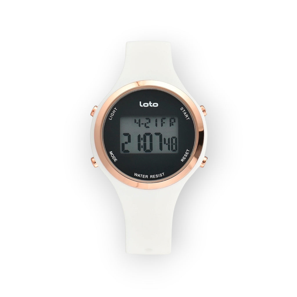 Reloj digital LOTO COMPANY ROUSE blanco con correa de silicona y bisel en tono oro rosa, diseño minimalista.
