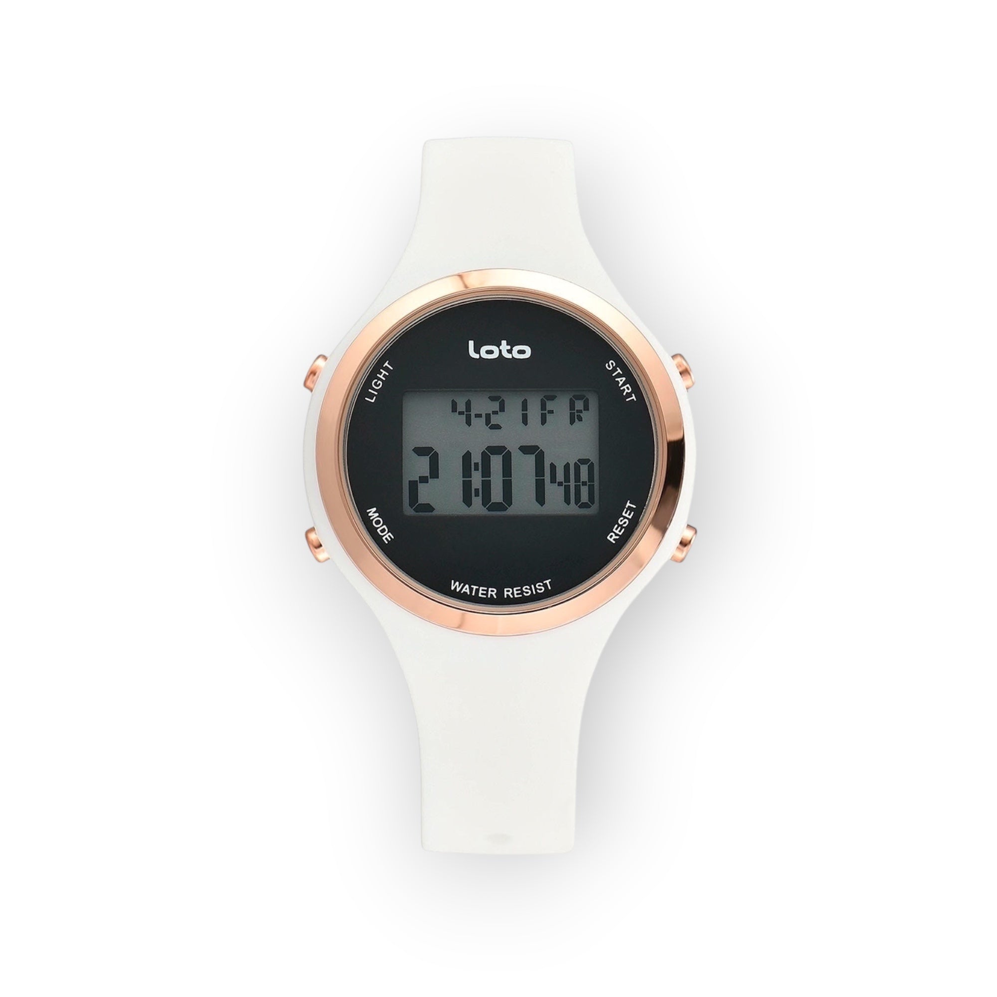 Reloj digital LOTO COMPANY ROUSE blanco con correa de silicona y bisel en tono oro rosa, diseño minimalista.