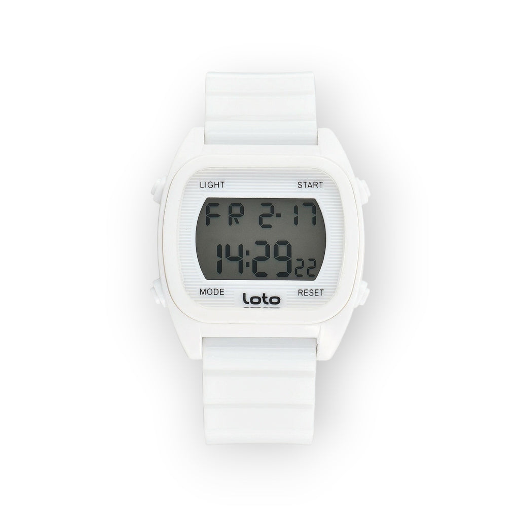 Reloj digital LOTO COMPANY blanco de resina con caja cuadrada y pantalla digital. Funciones: cronómetro, alarma, luz. Cierre de hebilla.
