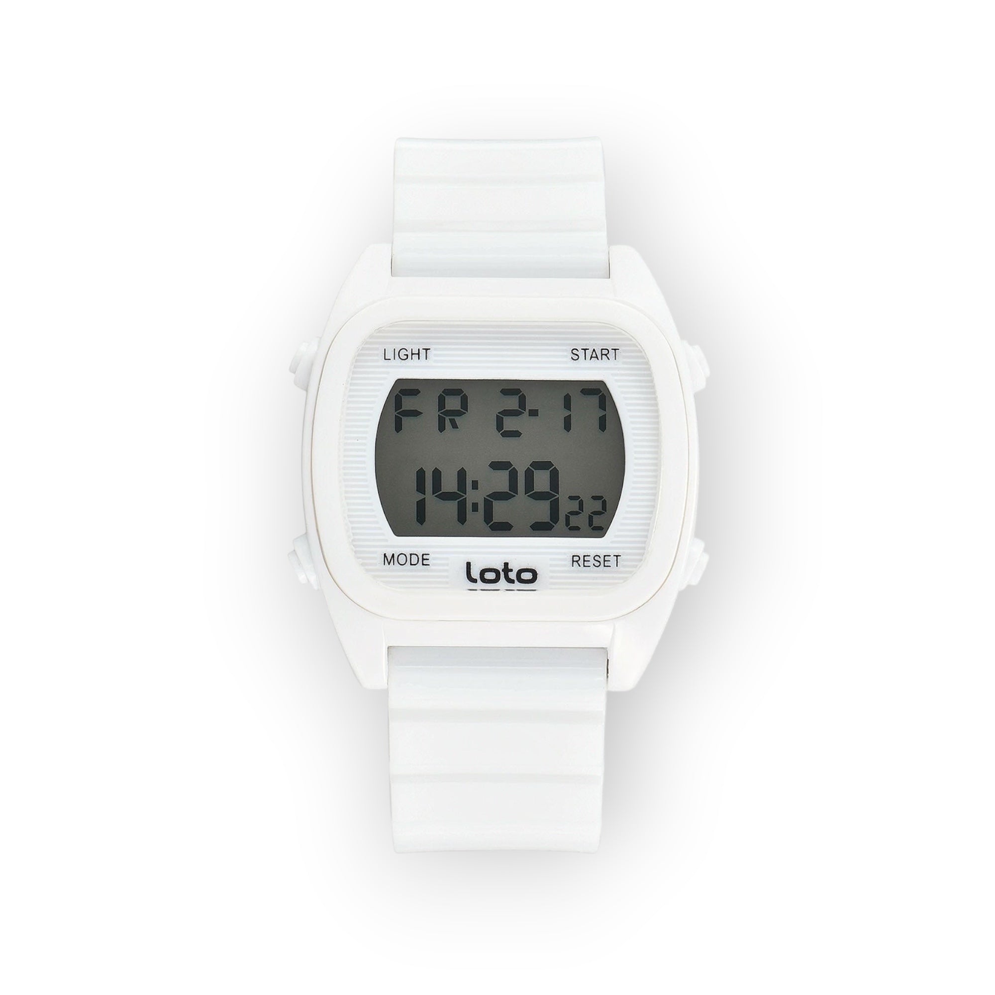 Reloj digital LOTO COMPANY blanco de resina con caja cuadrada y pantalla digital. Funciones: cronómetro, alarma, luz. Cierre de hebilla.