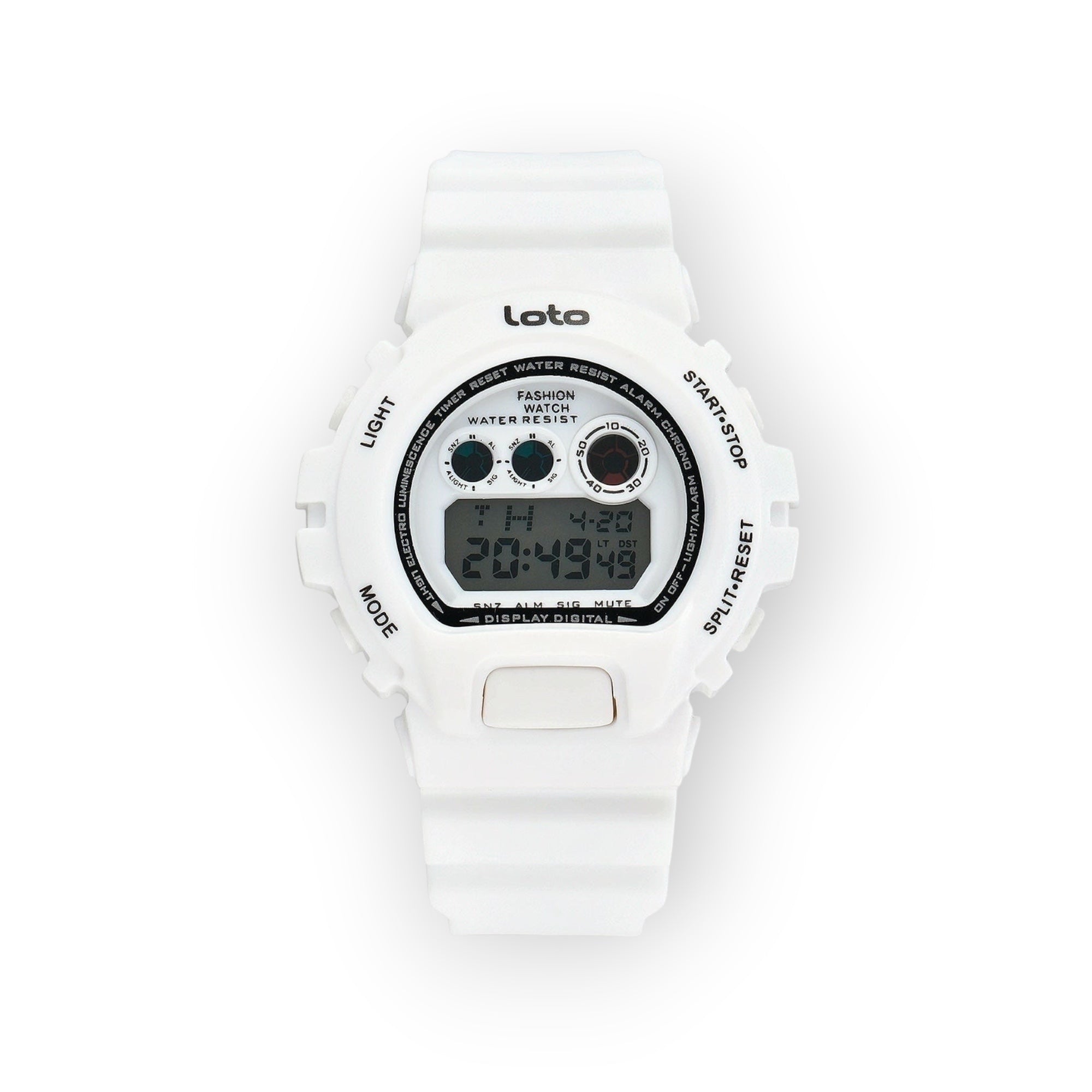 Reloj digital LOTO COMPANY blanco de resina con pantalla LCD, funciones de alarma y cronómetro.