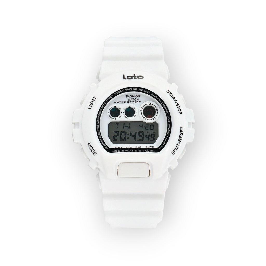Reloj digital LOTO COMPANY blanco de resina con pantalla LCD, funciones de alarma y cronómetro.