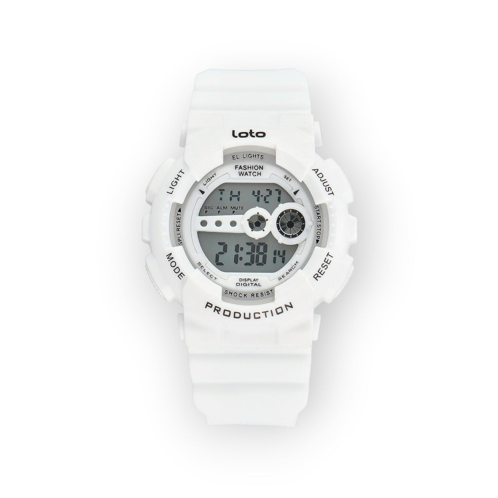 Reloj digital blanco LOTO COMPANY con correa de resina, esfera negra y detalles plateados. Resistente a golpes.