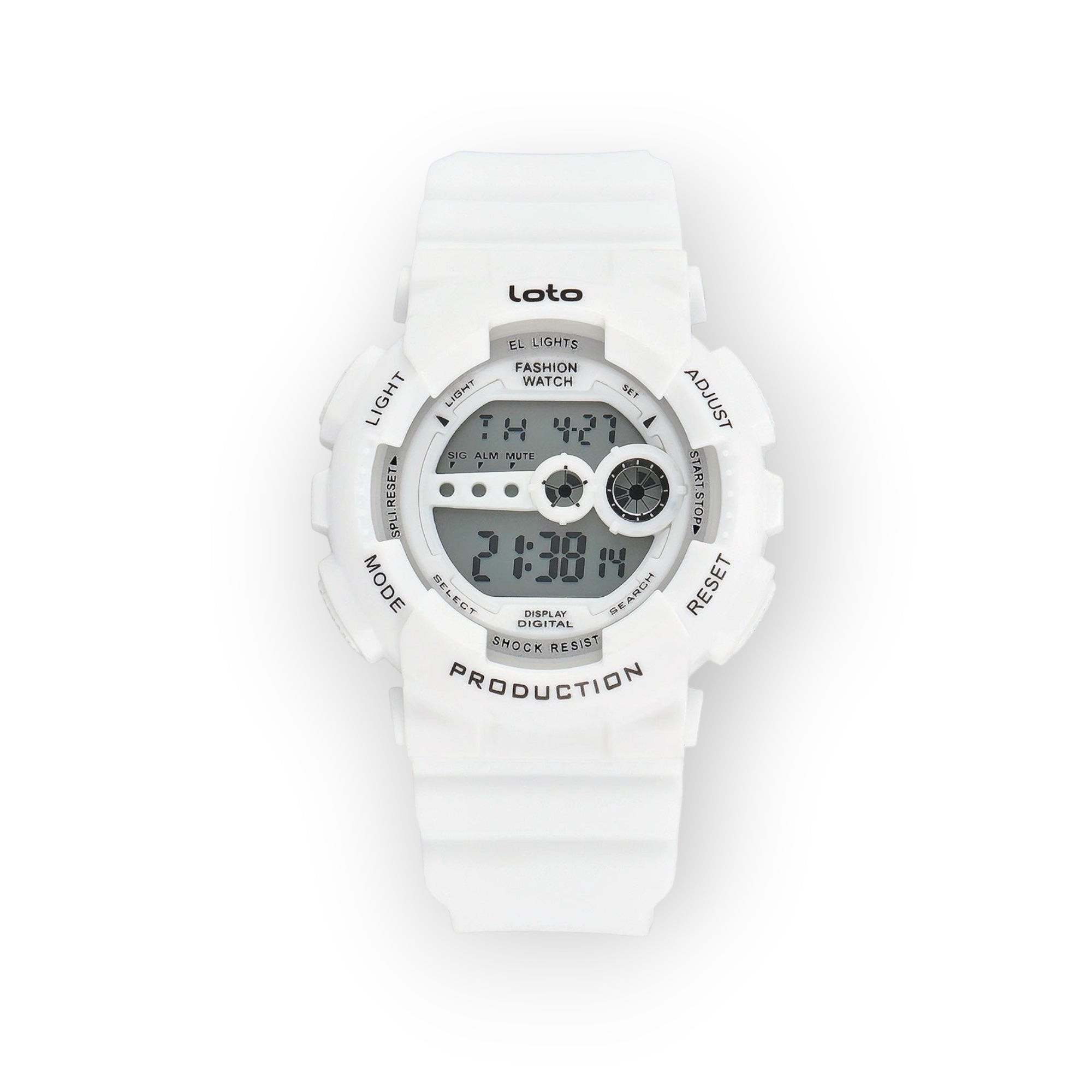 Reloj digital blanco LOTO COMPANY con correa de resina, esfera negra y detalles plateados. Resistente a golpes.