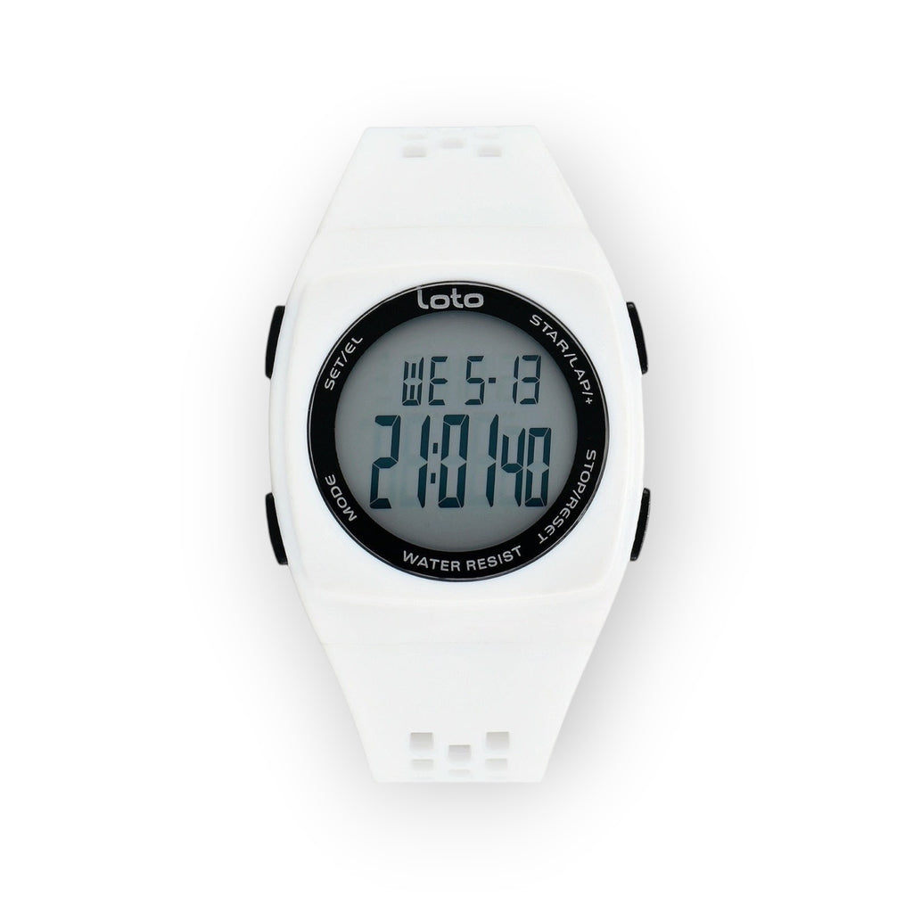 Reloj digital LOTO COMPANY blanco con correa de silicona y pantalla digital que muestra la hora y la fecha. Resistente al agua.