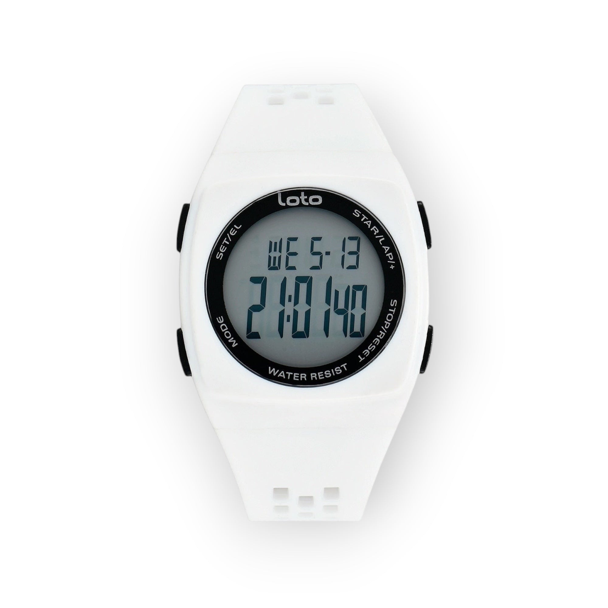 Reloj digital LOTO COMPANY blanco con correa de silicona y pantalla digital que muestra la hora y la fecha. Resistente al agua.