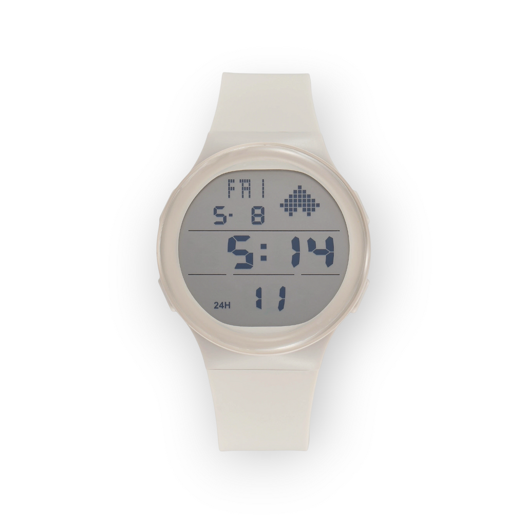 Reloj digital LOTO COMPANY ZYRVANO 2604 de color blanco con pantalla LCD redonda y correa de silicona minimalista