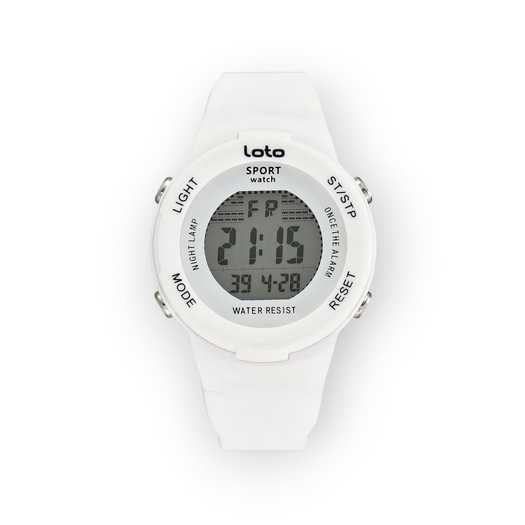 Reloj digital blanco LOTO COMPANY SPORT con correa de silicona, pantalla clara, cronómetro y alarma. Resistente al agua.