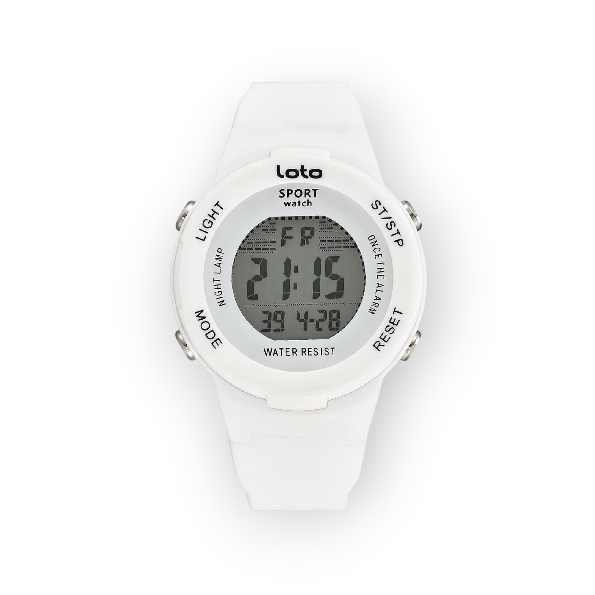 Reloj digital blanco LOTO COMPANY SPORT con correa de silicona, pantalla clara, cronómetro y alarma. Resistente al agua.