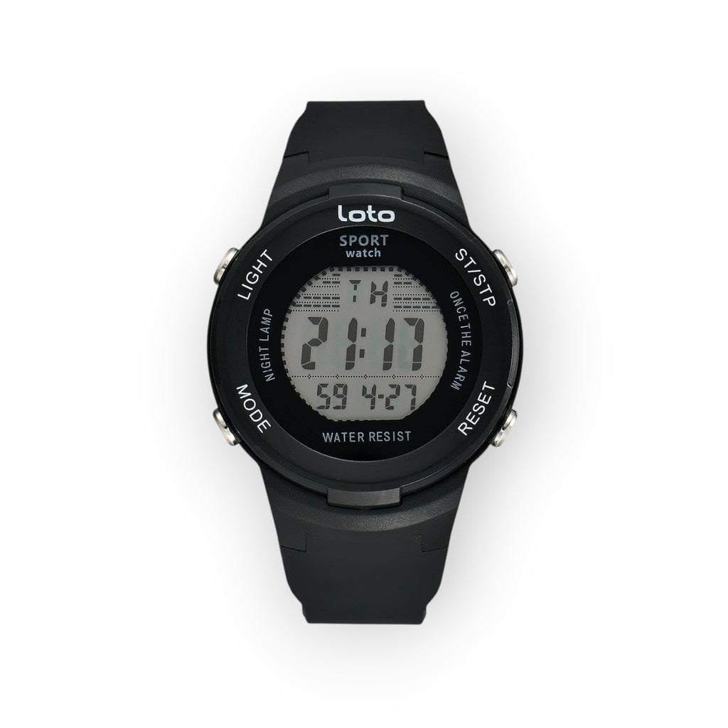 Reloj digital LOTO COMPANY SPORT/2532-1 negro de silicona con pantalla clara, cronómetro y alarma. Resistente al agua.