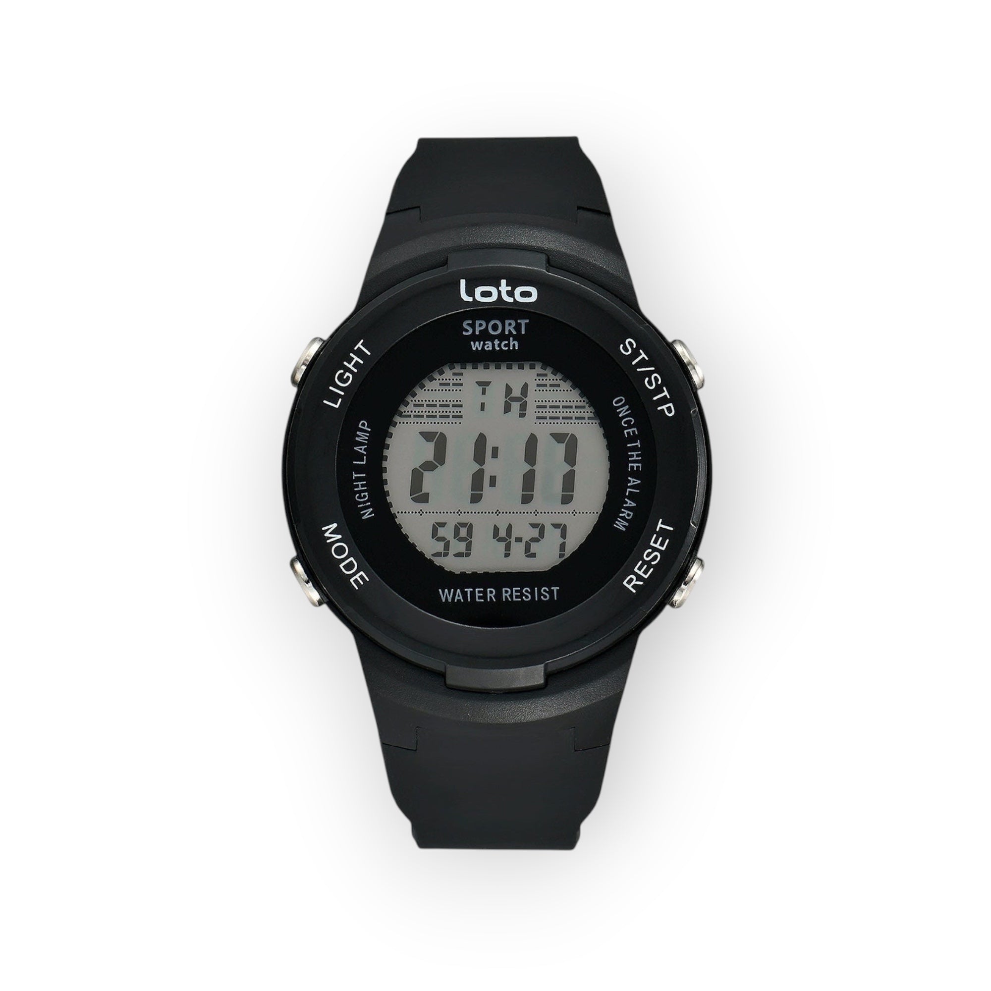 Reloj digital LOTO COMPANY SPORT/2532-1 negro de silicona con pantalla clara, cronómetro y alarma. Resistente al agua.