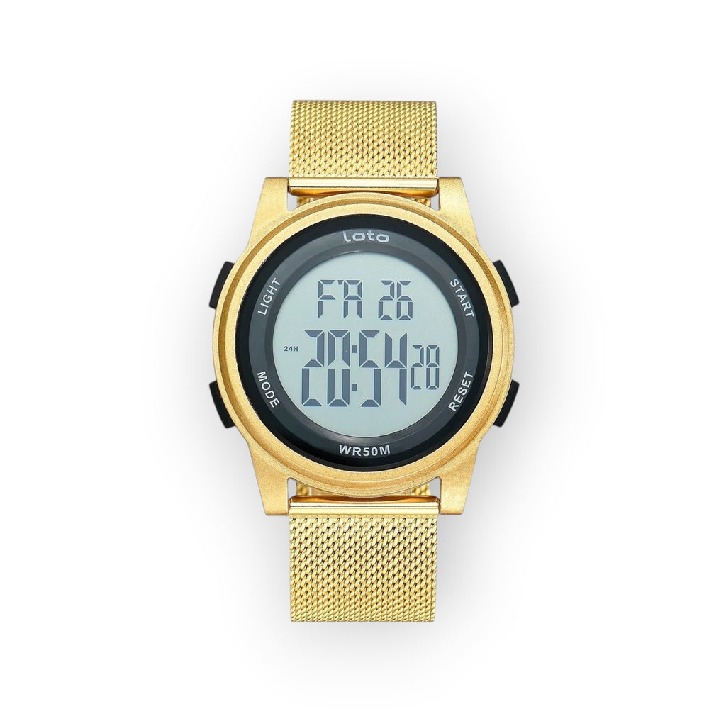 Reloj digital STELLA / 2549 de LOTO COMPANY en dorado con correa de malla metálica y esfera digital.