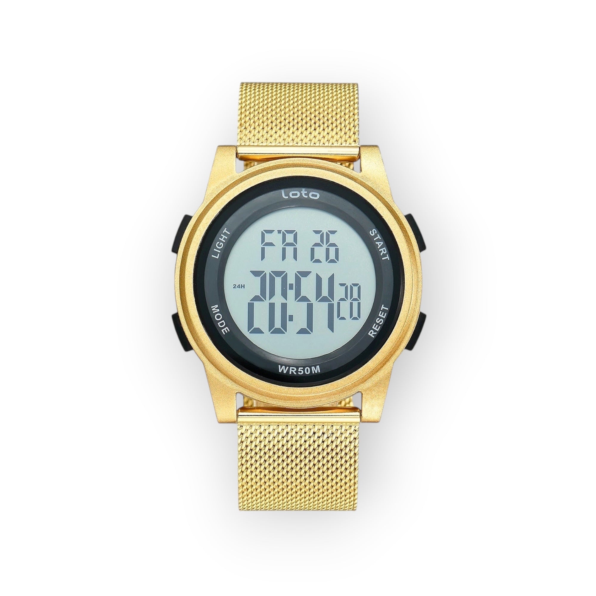 Reloj digital STELLA / 2549 de LOTO COMPANY en dorado con correa de malla metálica y esfera digital.