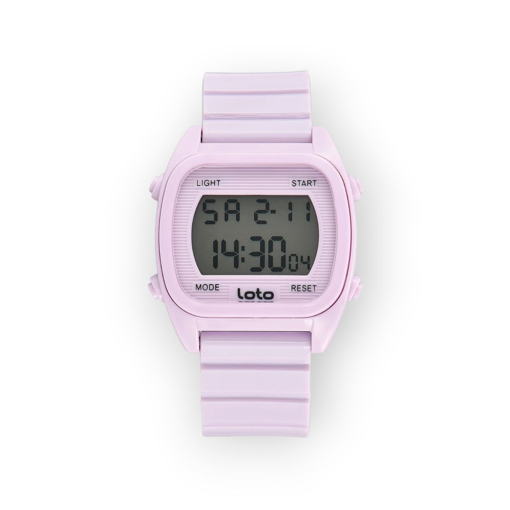 Reloj digital LOTO COMPANY 2530-1 lavanda de resina con caja cuadrada y pantalla digital. Funciones: cronómetro, alarma y luz.