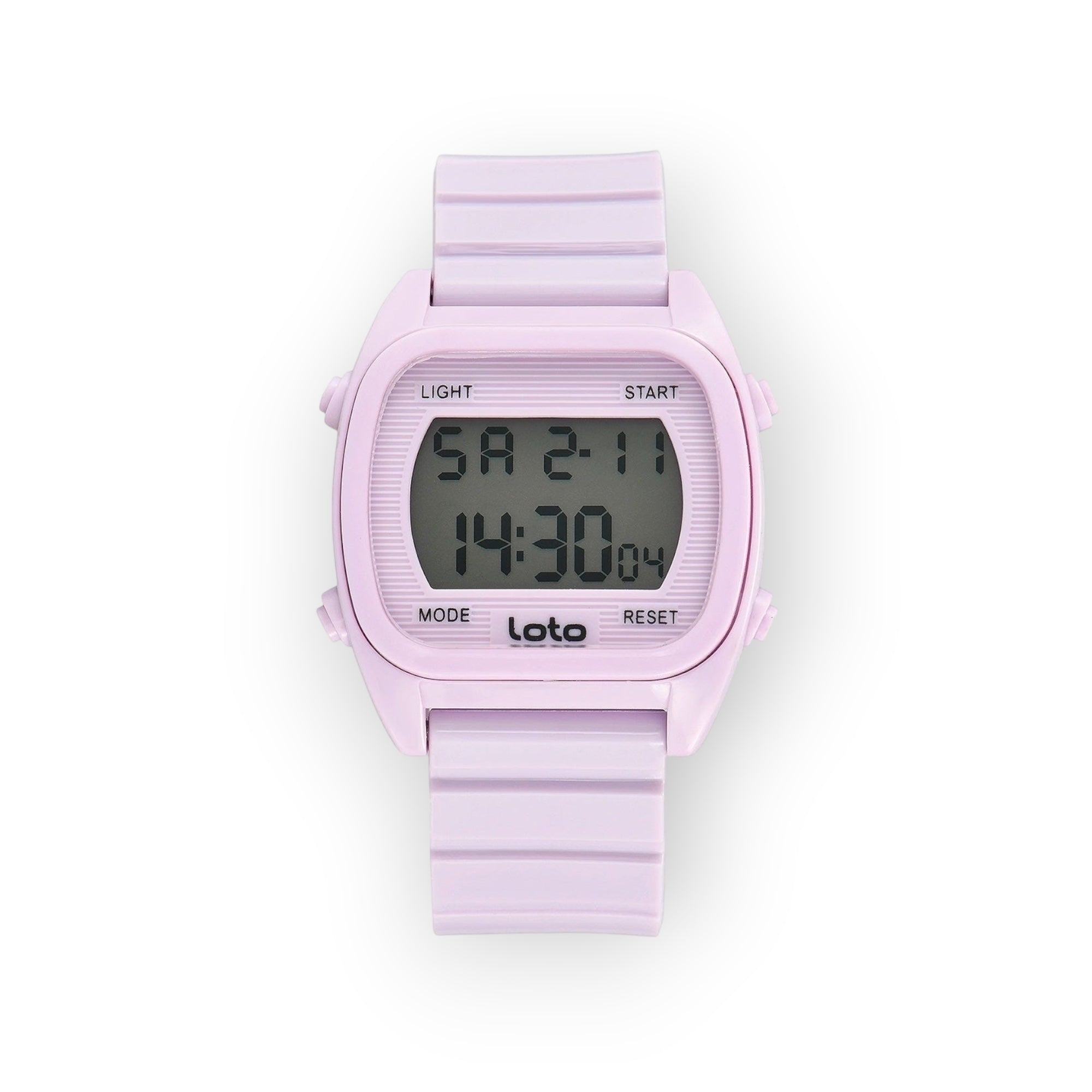 Reloj digital LOTO COMPANY 2530-1 lavanda de resina con caja cuadrada y pantalla digital. Funciones: cronómetro, alarma y luz.