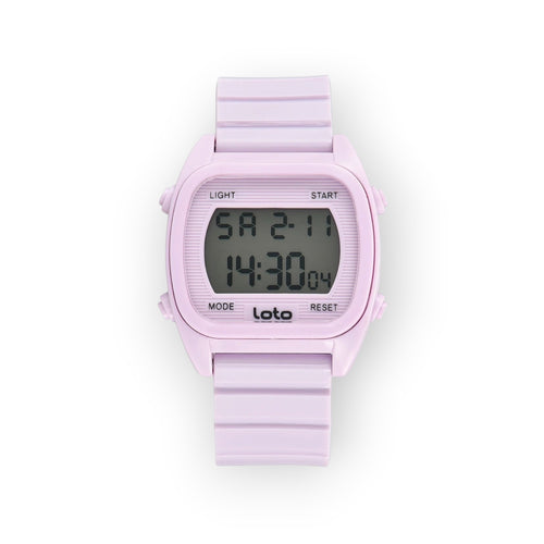 Reloj digital LOTO COMPANY 2530-1 lavanda de resina con caja cuadrada y pantalla digital. Funciones: cronómetro, alarma y luz.