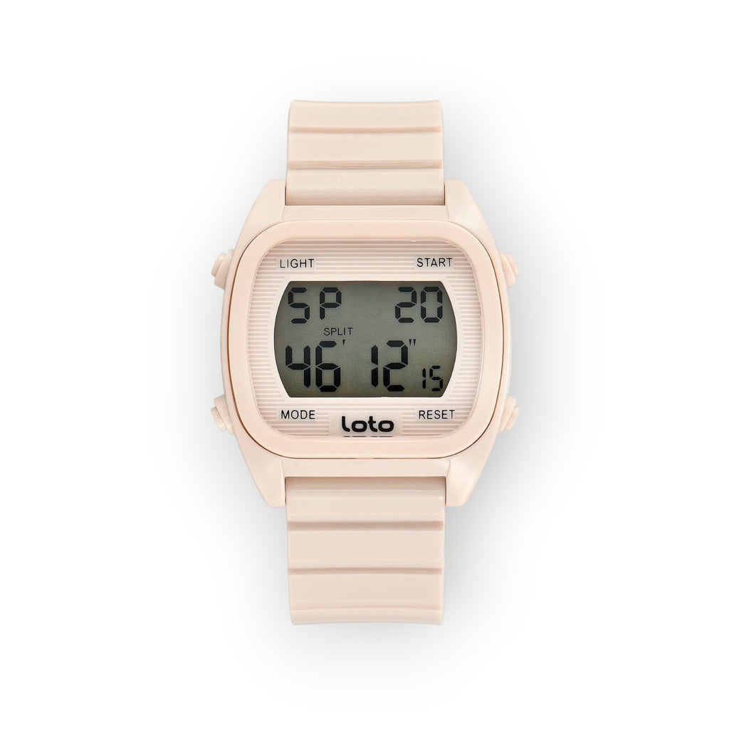 Reloj digital LOTO COMPANY 2530-1 en color lavanda, con correa de resina y caja cuadrada. Pantalla digital con cronómetro y alarma.
