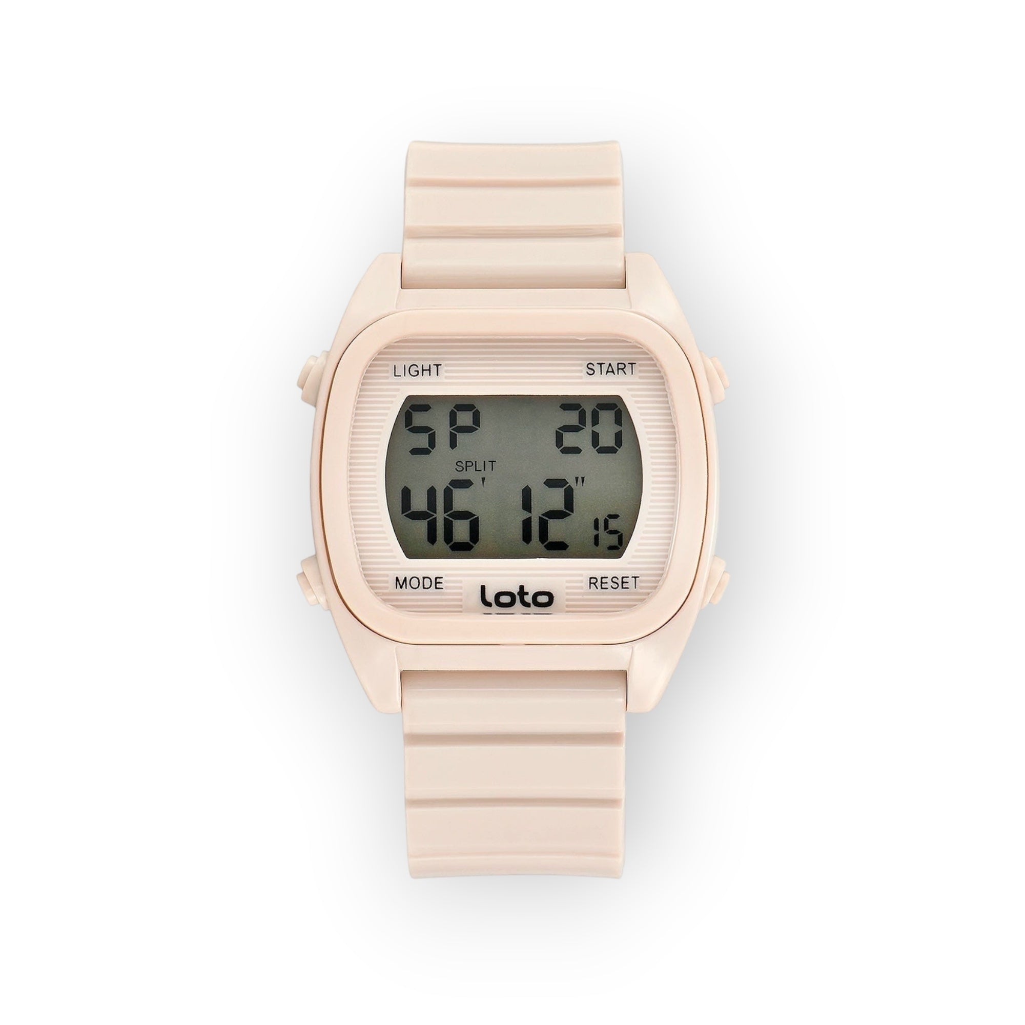 Reloj digital LOTO COMPANY 2530-1 en color lavanda, con correa de resina y caja cuadrada. Pantalla digital con cronómetro y alarma.